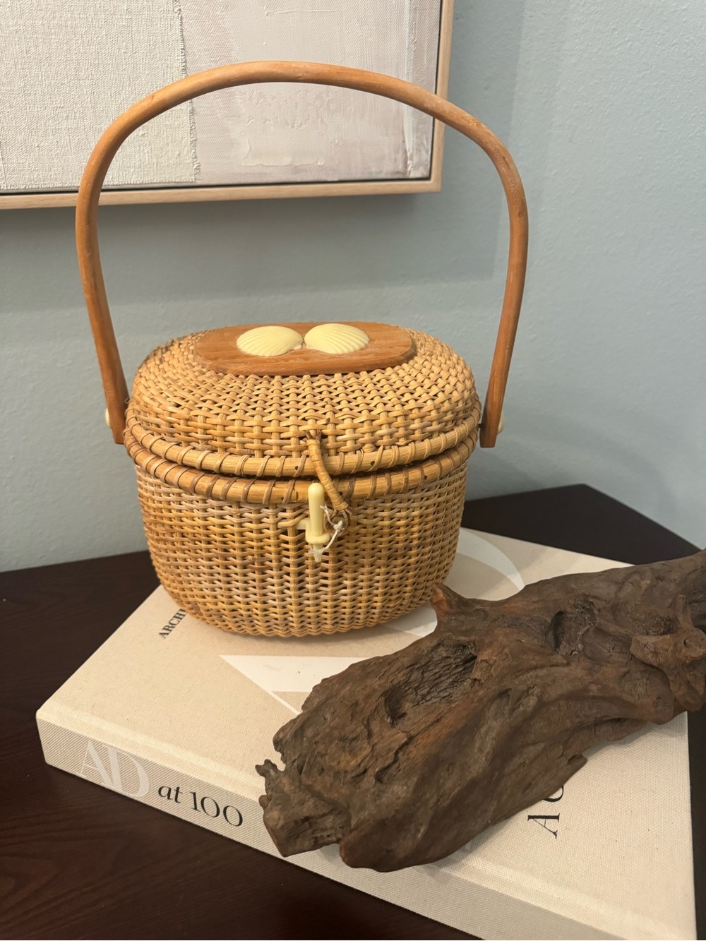 Vintage Nantucket Friendship Lightship Basket Purse Seashell Decorative Accents